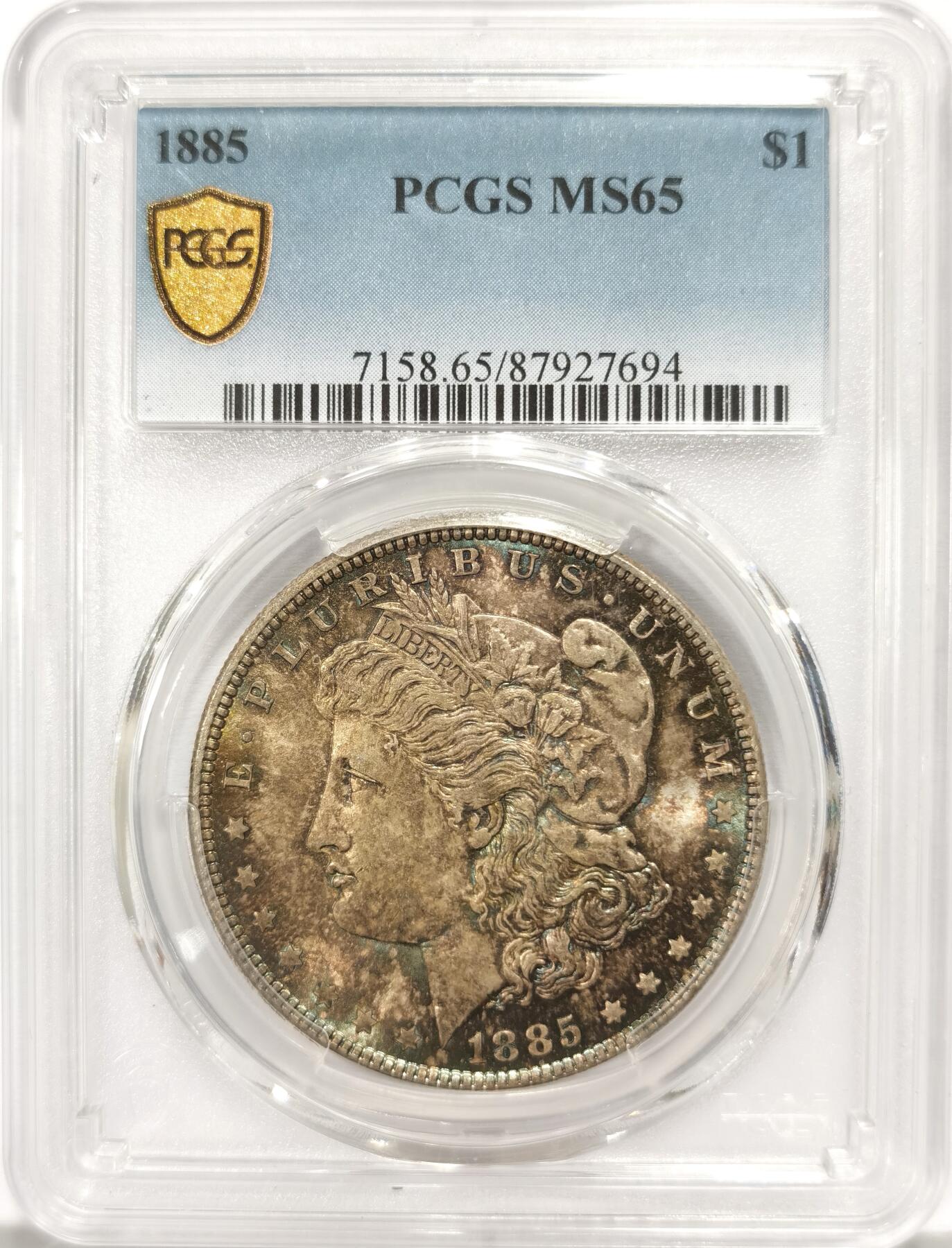 博洋堂世界钱币拍卖第135期（全场包邮）【请留意本场发货时间变化】 美国1885年摩根银币P版PCGS-MS65，原汁原味双面五彩老包浆，包浆醇厚润泽又犀利，打制深峻，转光强烈细节优秀，状态一流。