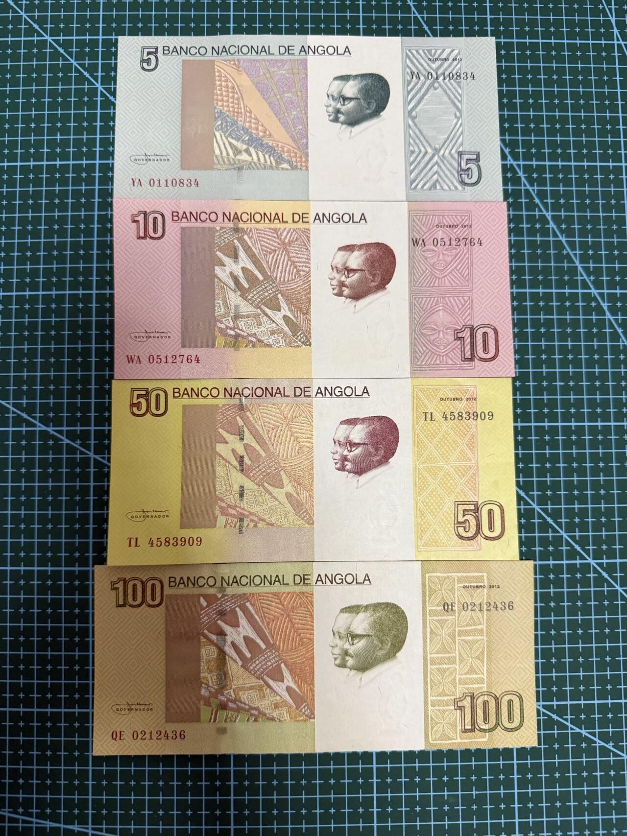 【炜奕收藏】，第四十一期 安哥拉5-100宽扎共4张，UNC-/UNC品相，背面是安哥拉鸟与各大瀑布场景