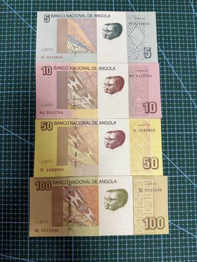 【炜奕收藏】，第四十一期 - 安哥拉5-100宽扎共4张，UNC-/UNC品相，背面是安哥拉鸟与各大瀑布场景