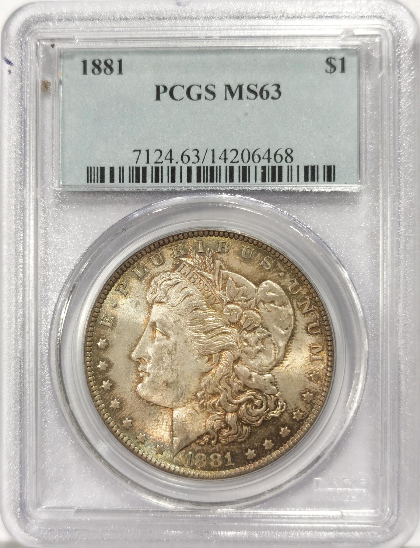 博洋堂世界钱币拍卖第135期（全场包邮）【请留意本场发货时间变化】 美国1881年摩根银币P版PCGS-MS63，原汁原味双面五彩老包浆，包浆醇厚，打制精美，转光强烈细节优秀，市场上比较稀少年份版本的摩根币，通常市场上常见的1881年是S版，几乎很少见到这个年份的P版。
