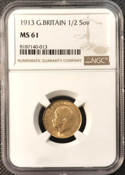 甄臻铺-世界币章拍卖（第29期），送拍享返佣金等优惠多多 - NGC-MS61 1913年英国乔治五世1/2索维林，金币入门品种，高性价比