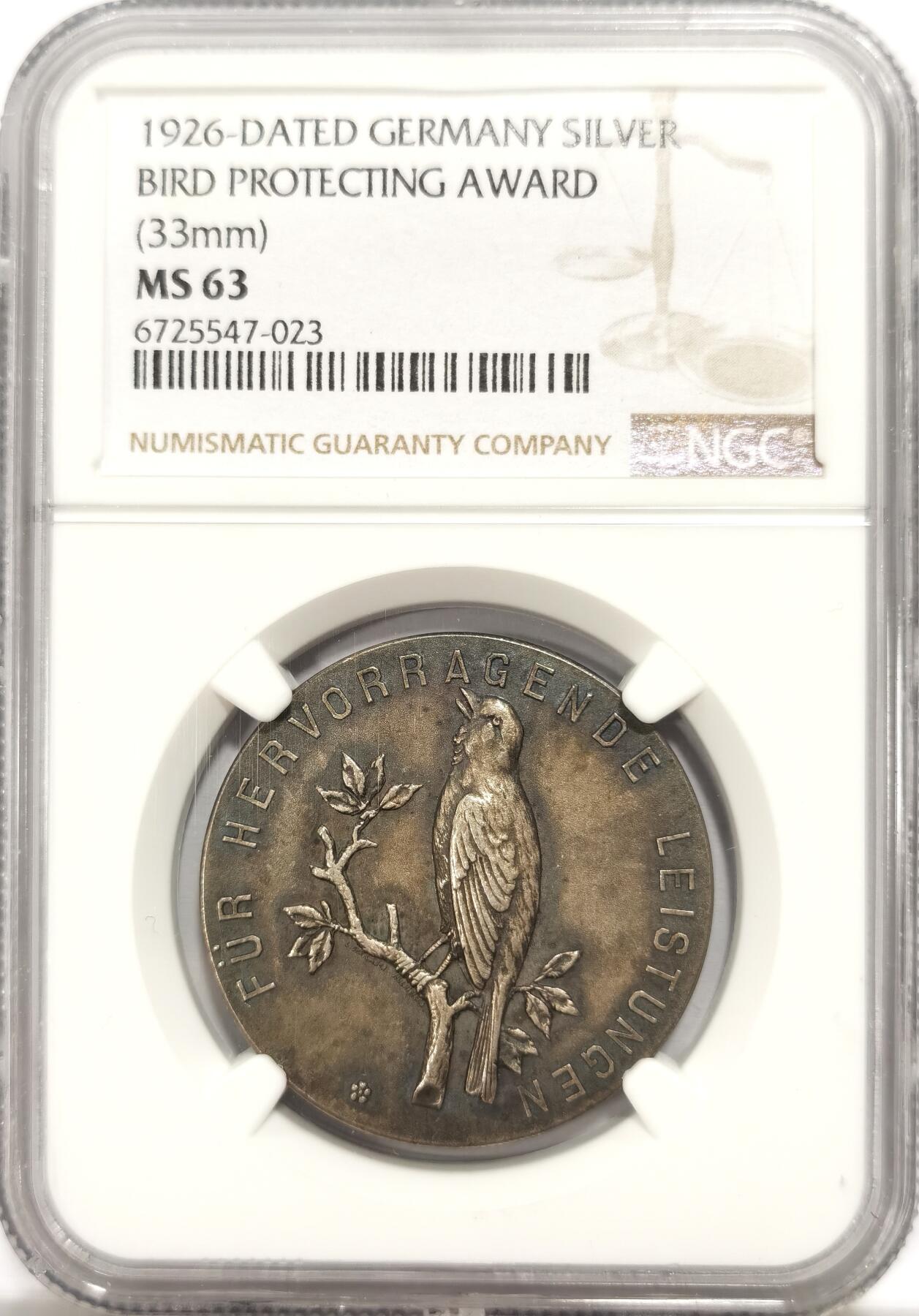 博洋堂世界钱币拍卖第135期（全场包邮）【请留意本场发货时间变化】 NGC MS63 德国鸟类保护学会1926年银章，彼时德国尚未从一战中恢复，银制币章极其难得！