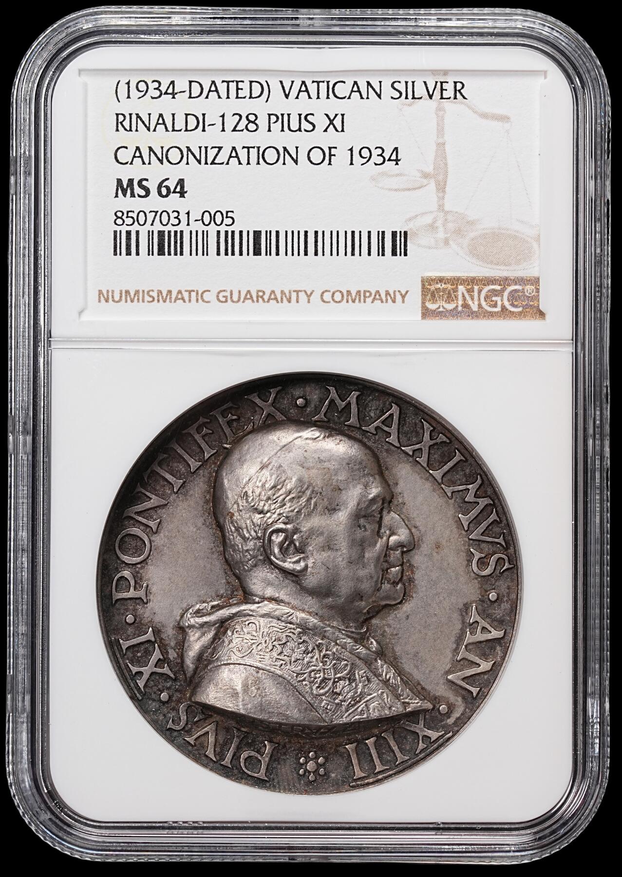 修遠堂世界钱币第八十一期 NGC MS64 1934年梵蒂冈-封圣纪念高浮雕大银章 冠军分