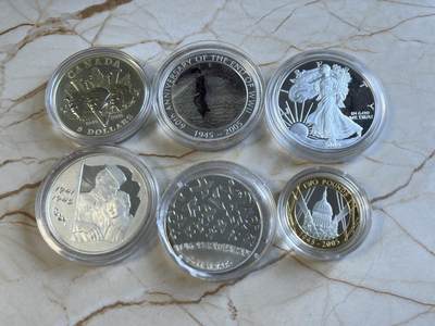 第171期拍卖【长期征集拍品】 - 2005年六国联合发行二战胜利60周年精制纪念银币全套,1澳大利亚/1美元/1.5欧元/5加拿大元/2英镑/3卢布,金属:925银,重量:1盎司/1盎司/22.2克/1盎司/12克/1盎司，美国的塑料盒有裂痕，俄罗斯的币有瑕疵，法国的币有氧化，塑料盒破