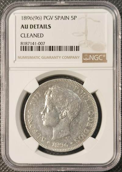 甄臻铺-世界币章拍卖（第29期），送拍享返佣金等优惠多多 - NGC-AUD 1896年西班牙阿方索十三世5比塞塔双柱