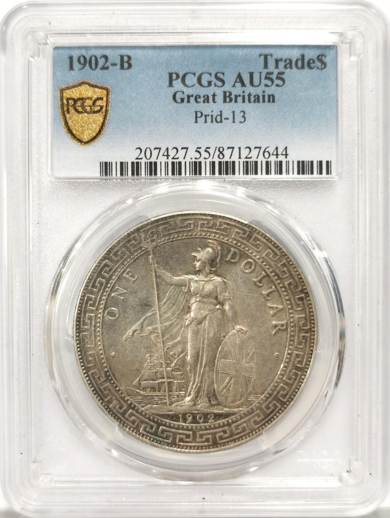 博洋堂世界钱币拍卖第135期（全场包邮）【请留意本场发货时间变化】 PCGS AU55 1902年B版英国远东贸易银元（站洋）仍见原光，字口好无弱打，包浆淡雅