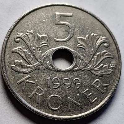 泉币菌-第83场-精品福利场 - 美品 挪威1999年5克朗硬币 中孔设计 国王哈拉尔五世 圣奥拉夫勋章