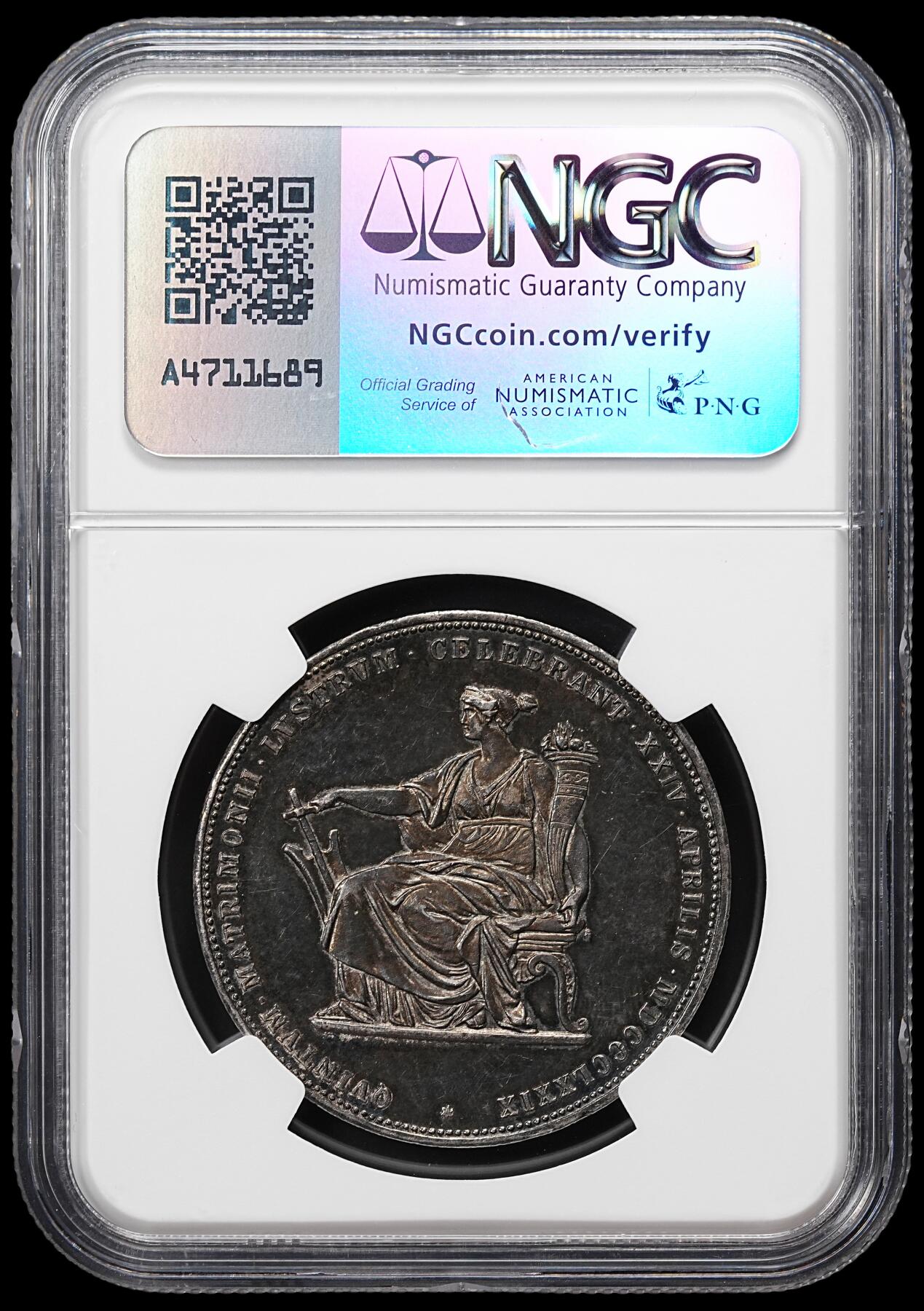 修遠堂世界钱币第八十一期 NGC AU58 1879年奥匈帝国皇帝与茜茜公主银婚纪念2弗罗林大银币 通体重黑彩