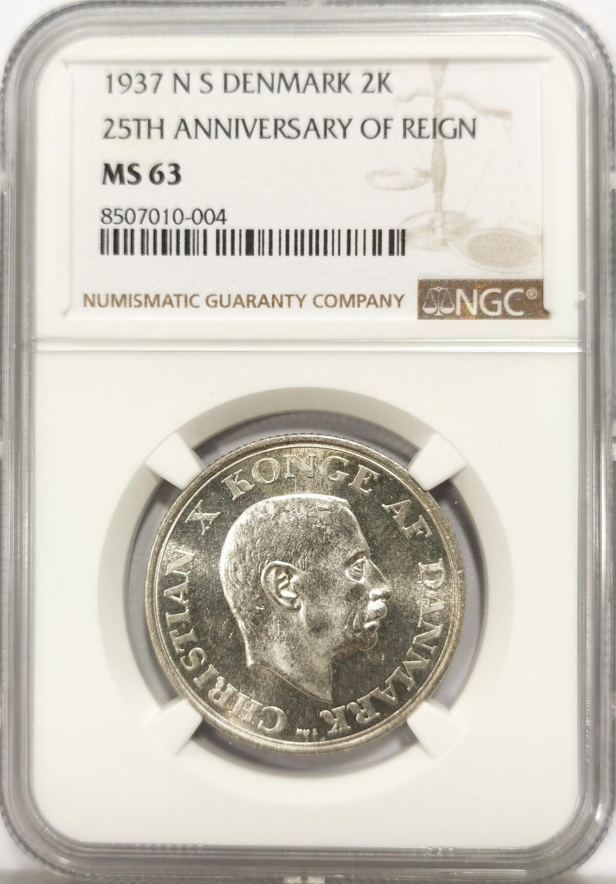 博洋堂世界钱币拍卖第135期（全场包邮）【请留意本场发货时间变化】 丹麦1937年国王登基25周年纪念2克朗银币NGC-MS63，状态极佳。