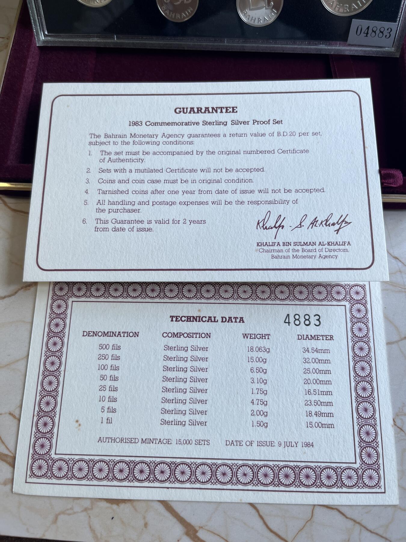 第172期拍卖【长期征集拍品】 巴林1983年全银8枚精制纪念银币套装,999银，52.663克，发行15000枚