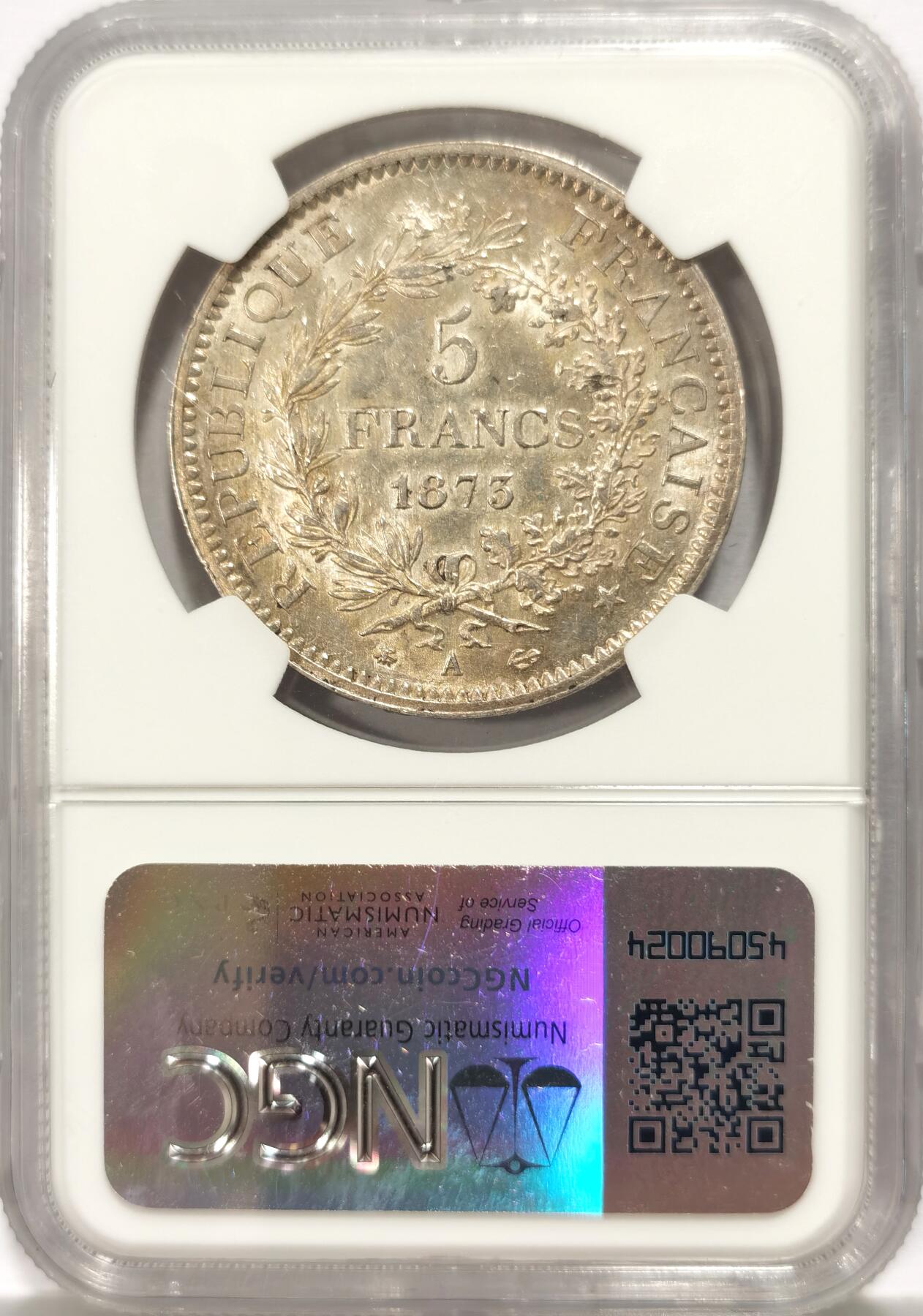 博洋堂世界钱币拍卖第135期（全场包邮）【请留意本场发货时间变化】 法国1873-A大力神5法郎银币NGC-MS62，原汁原味老包浆，包浆醇厚，状态极佳。