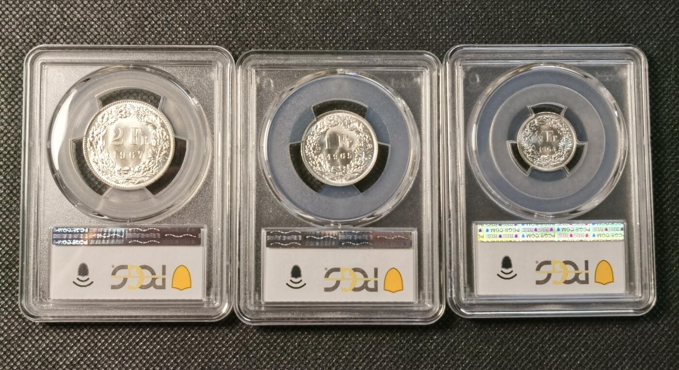 甄臻铺-世界币章拍卖（第29期），送拍享返佣金等优惠多多 PCGS-MS66 瑞士1/2、1、2法郎三枚一套