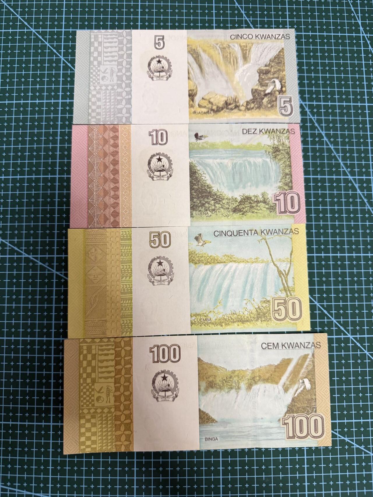 【炜奕收藏】，第四十一期 安哥拉5-100宽扎共4张，UNC-/UNC品相，背面是安哥拉鸟与各大瀑布场景