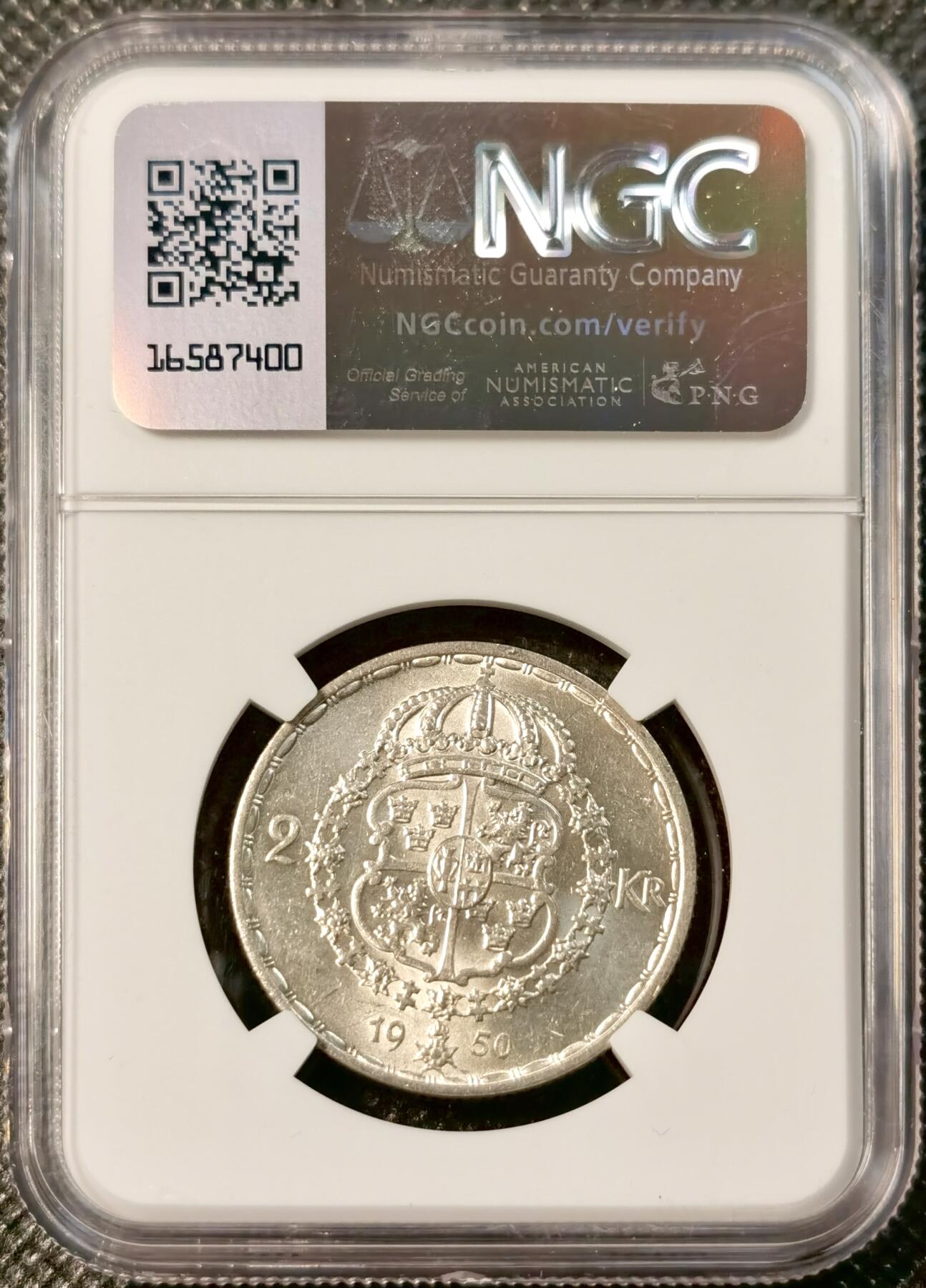 甄臻铺-世界币章拍卖（第29期），送拍享返佣金等优惠多多 NGC-MS64 瑞典1950年古斯塔夫五世2克朗银币骑字版