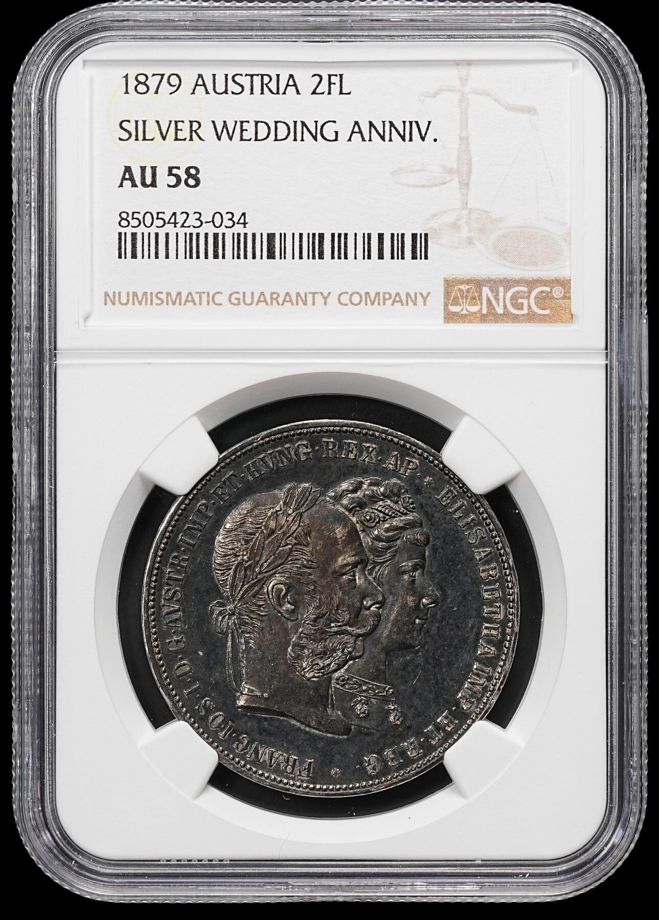 修遠堂世界钱币第八十一期 NGC AU58 1879年奥匈帝国皇帝与茜茜公主银婚纪念2弗罗林大银币 通体重黑彩