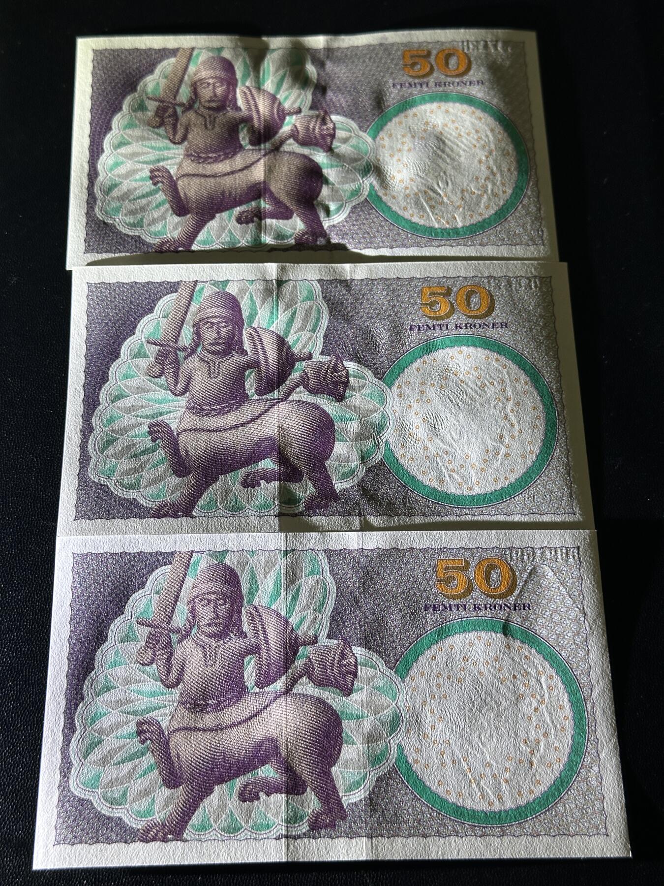 《外钞收藏家》第五百五十七期（本期有精品评级、获奖钞等品种）（本平台长期征集拍品、欢迎藏友们联系合作） 丹麦浮雕版50克朗3张不同年份不同签名（含99年初版；绝品） 	绝品
