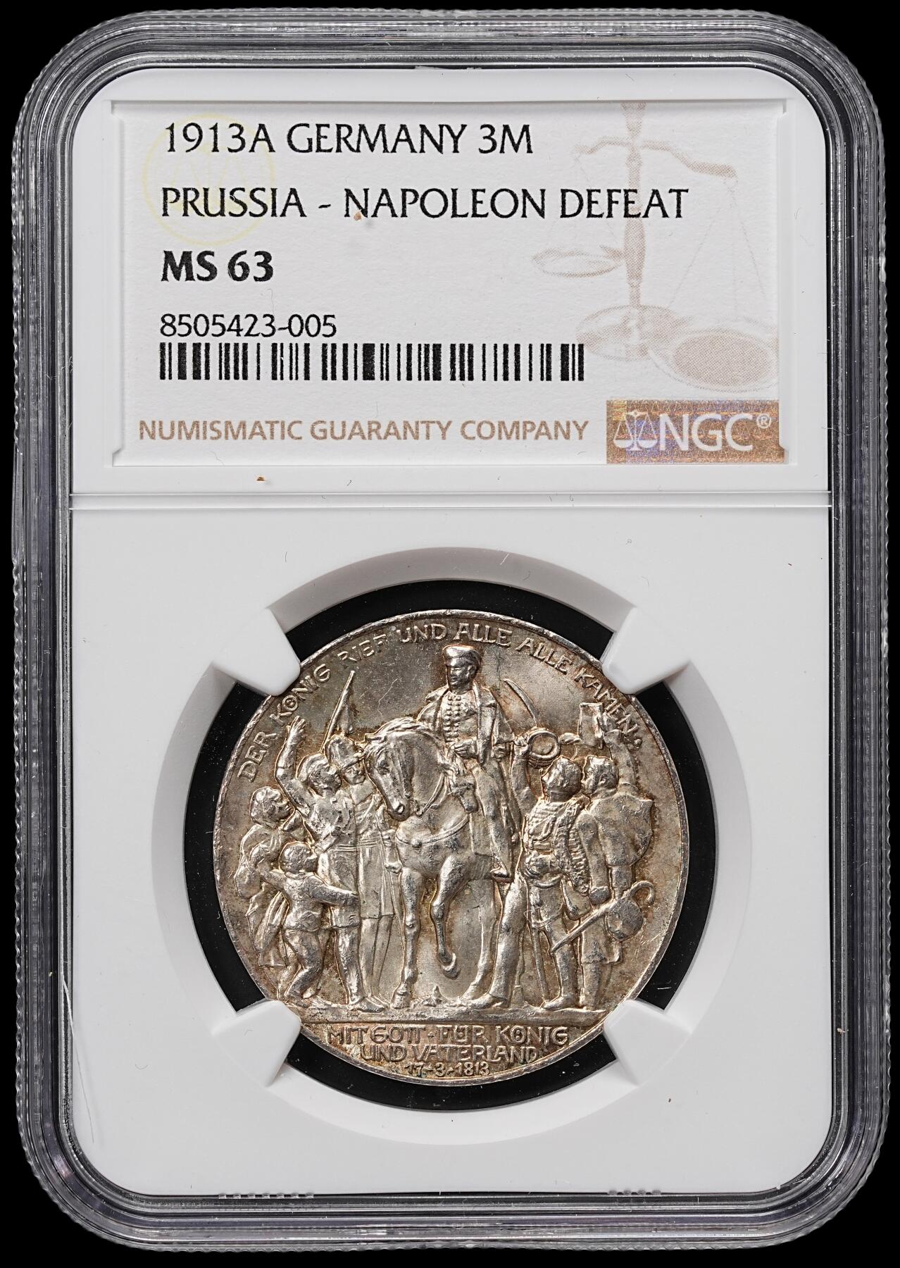 修遠堂世界钱币第八十一期 NGC MS63 1913年普鲁士战胜拿破仑百年纪念3马克银币