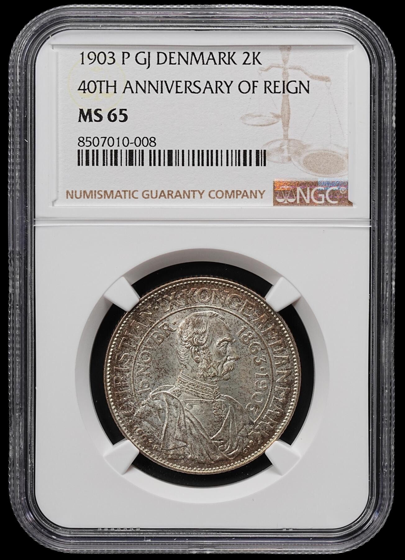 修遠堂世界钱币第八十一期 NGC MS65 1903年丹麦国王登基40周年纪念2克朗银币