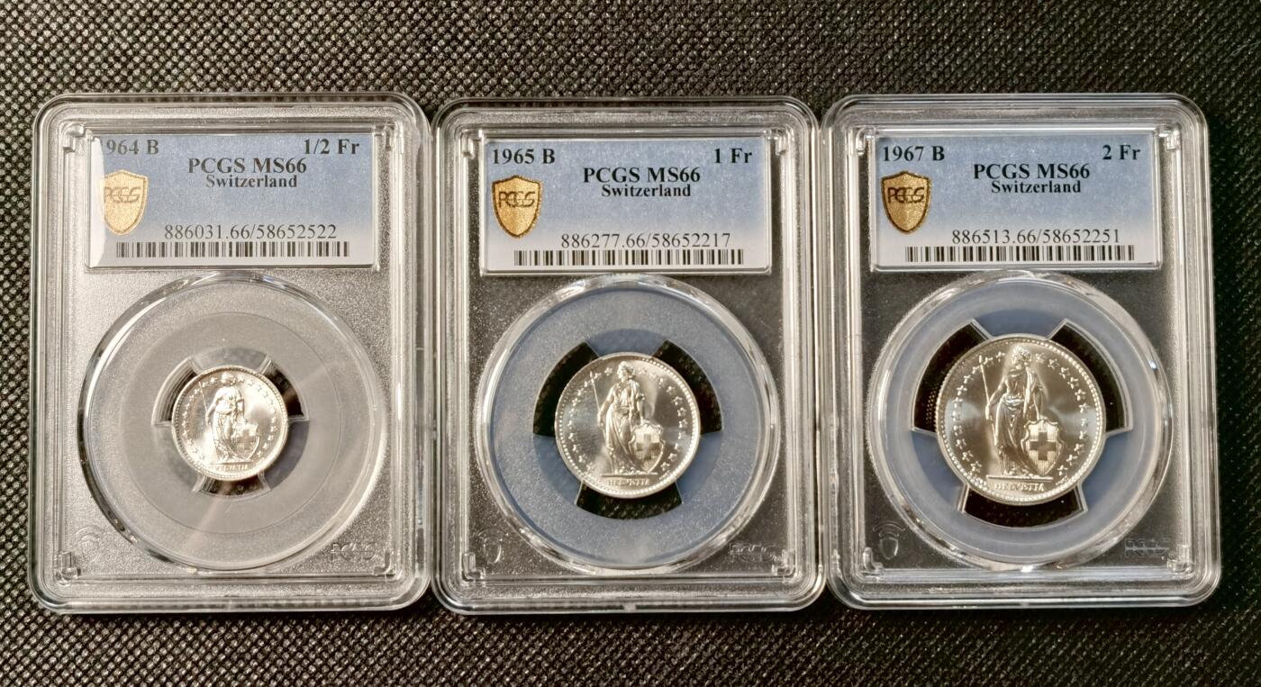甄臻铺-世界币章拍卖（第29期），送拍享返佣金等优惠多多 PCGS-MS66 瑞士1/2、1、2法郎三枚一套