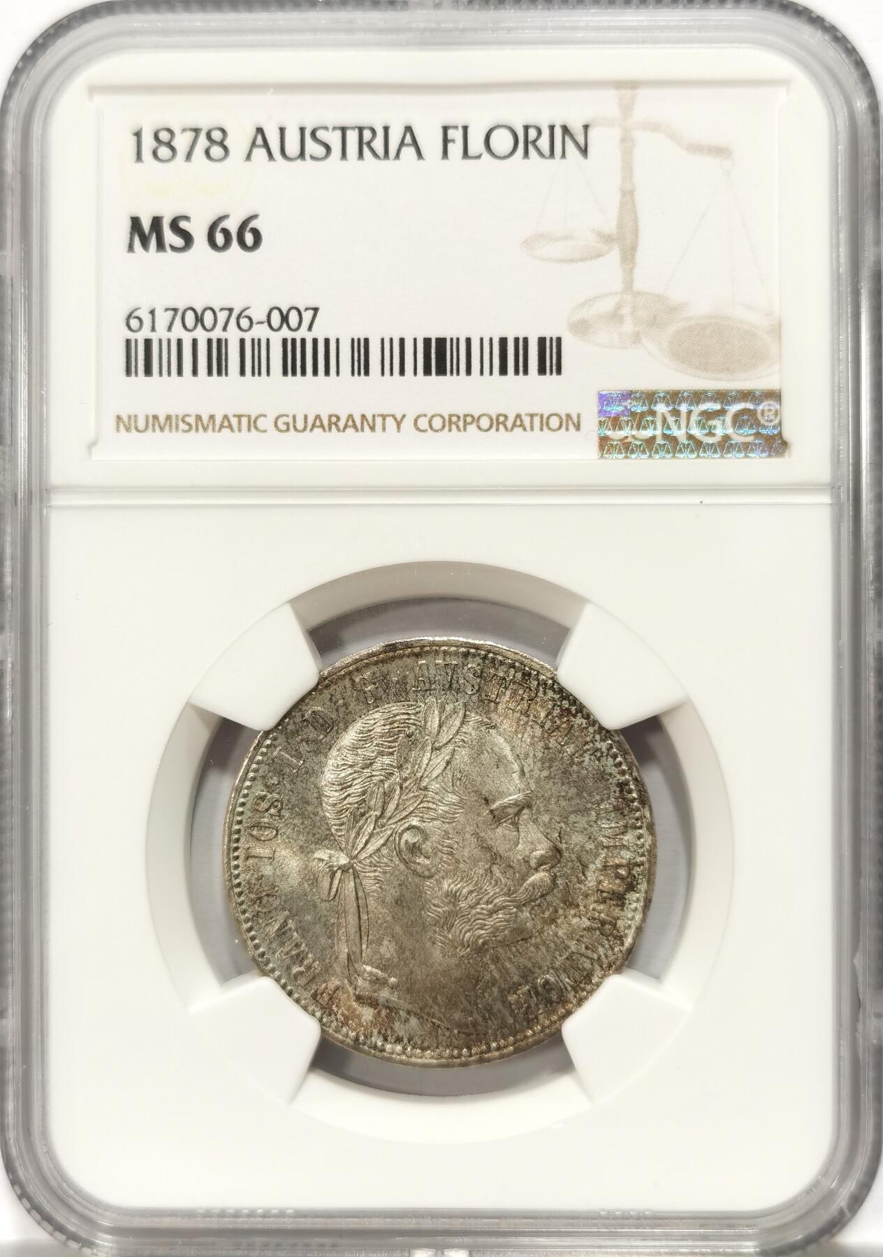 博洋堂世界钱币拍卖第135期（全场包邮）【请留意本场发货时间变化】 NGC MS66 奥地利1878年约瑟夫一世流通1福林银币，超高分，状态绝佳。