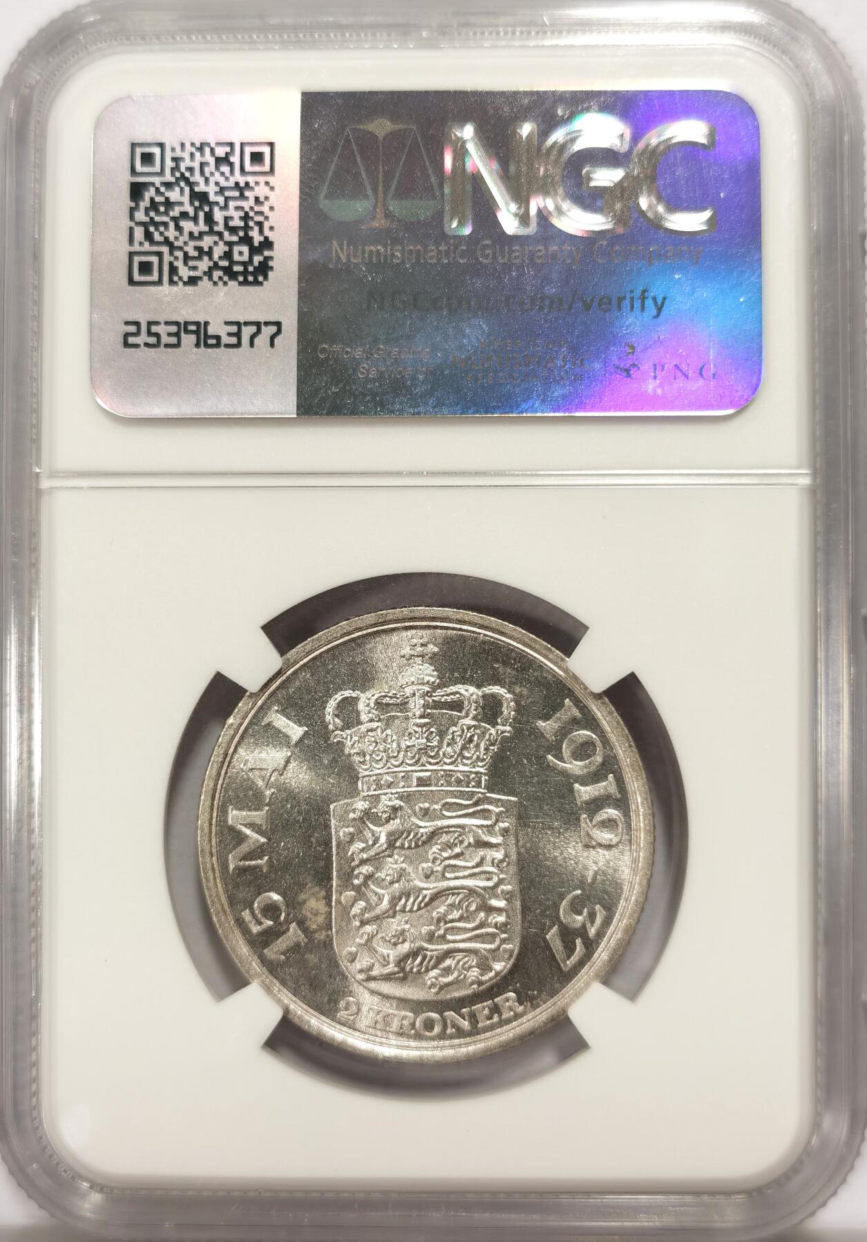 博洋堂世界钱币拍卖第135期（全场包邮）【请留意本场发货时间变化】 丹麦1937年国王登基25周年纪念2克朗银币NGC-MS63，状态极佳。