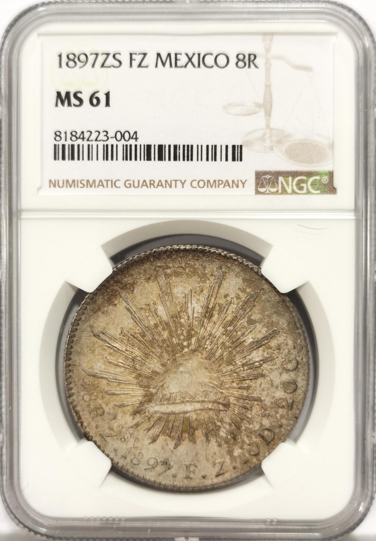 博洋堂世界钱币拍卖第135期（全场包邮）【请留意本场发货时间变化】 NGC MS61 墨西哥1897年ZS FZ版花边鹰洋，关门年份，原味窖藏五彩