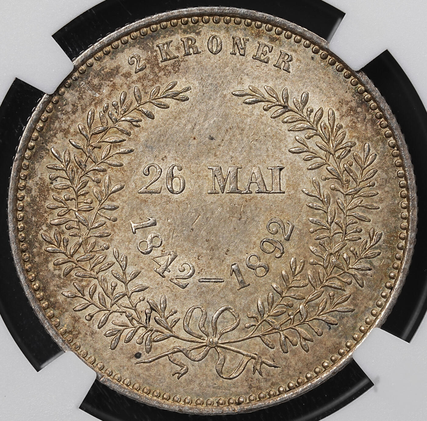 修遠堂世界钱币第八十一期 NGC MS62 1892年丹麦国王金婚纪念2克朗银币