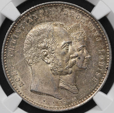 修遠堂世界钱币第八十一期 - NGC MS62 1892年丹麦国王金婚纪念2克朗银币