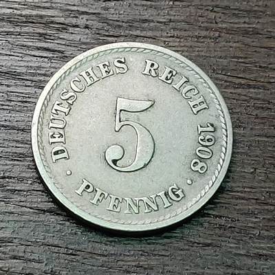 【铜匠收藏】★第127场★散币场，无佣金，30包邮。不满30元，支付5元运费。《接受代拍 代送NGC评级》 - 德国 1908年 5芬尼 长翅鹰 A厂 镍币 德意志第二帝国