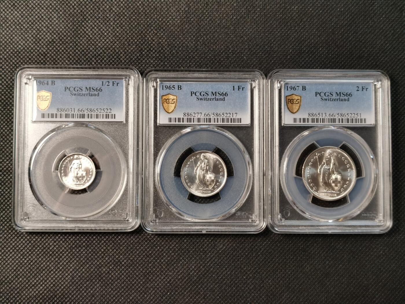 甄臻铺-世界币章拍卖（第29期），送拍享返佣金等优惠多多 PCGS-MS66 瑞士1/2、1、2法郎三枚一套