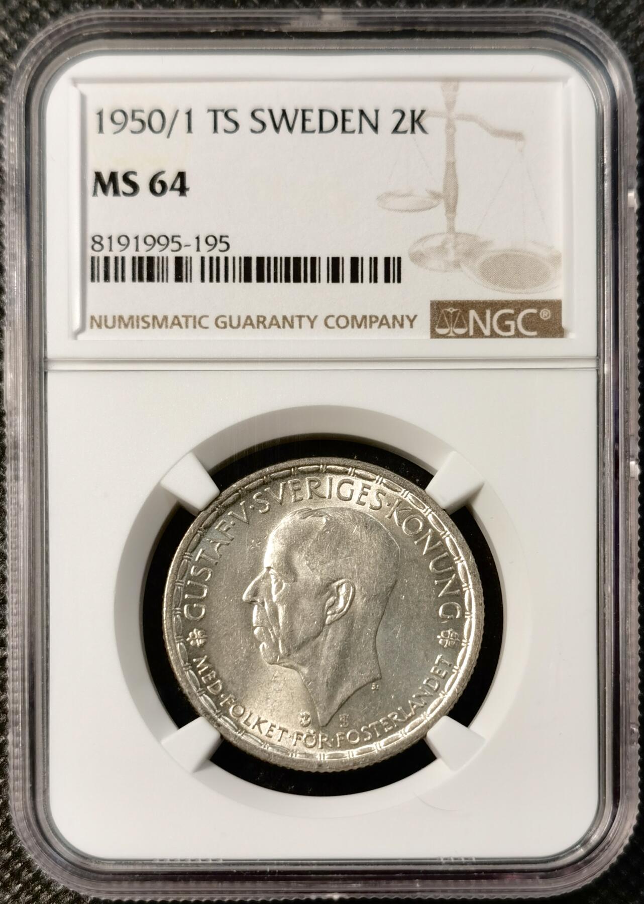 甄臻铺-世界币章拍卖（第29期），送拍享返佣金等优惠多多 NGC-MS64 瑞典1950年古斯塔夫五世2克朗银币骑字版