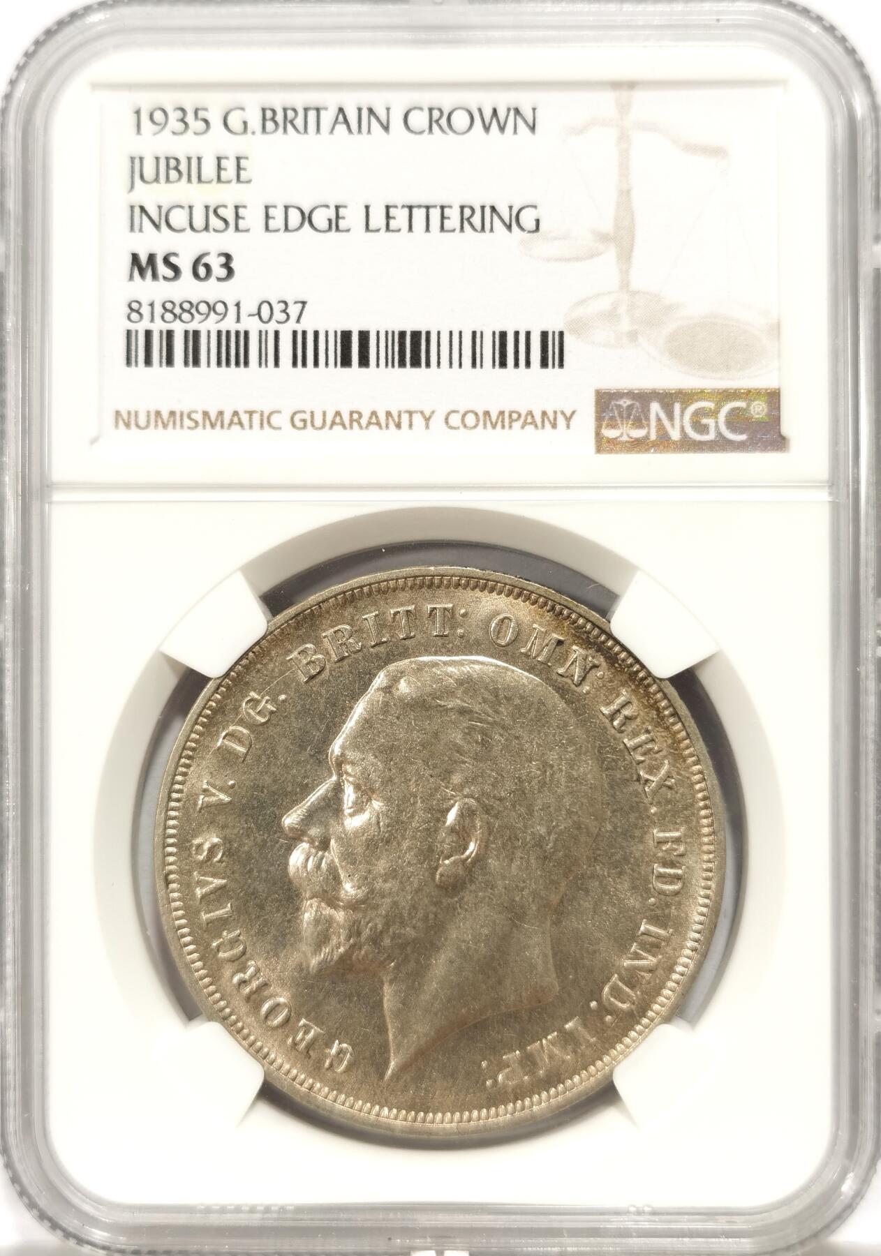 博洋堂世界钱币拍卖第135期（全场包邮）【请留意本场发货时间变化】 英国1935年乔治五世1克朗木马剑银币NGC-MS63，原汁原味老包浆，包浆醇厚，转光强烈细节优秀，状态极佳，状态和品质绝对不输MS64。