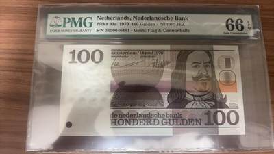 【礼羽收藏】🌏世界钱币拍卖第100期 - 【PMG66】欧洲，荷兰，1970年，100盾，93a