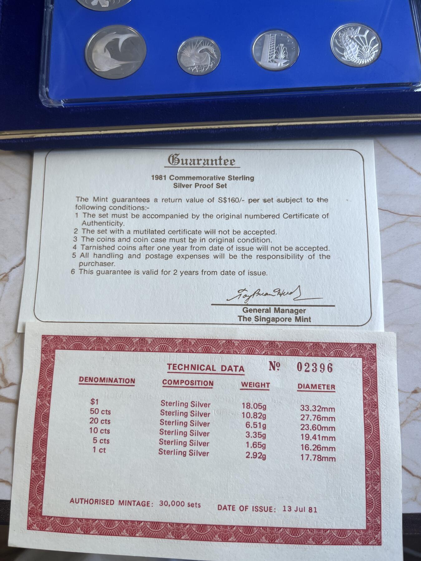 第172期拍卖【长期征集拍品】 新加坡1981年年度精制纪念6枚全银套币原盒证书，共计43.3克，有氧化