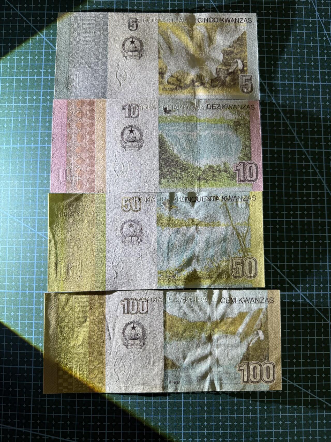 【炜奕收藏】，第四十一期 安哥拉5-100宽扎共4张，UNC-/UNC品相，背面是安哥拉鸟与各大瀑布场景