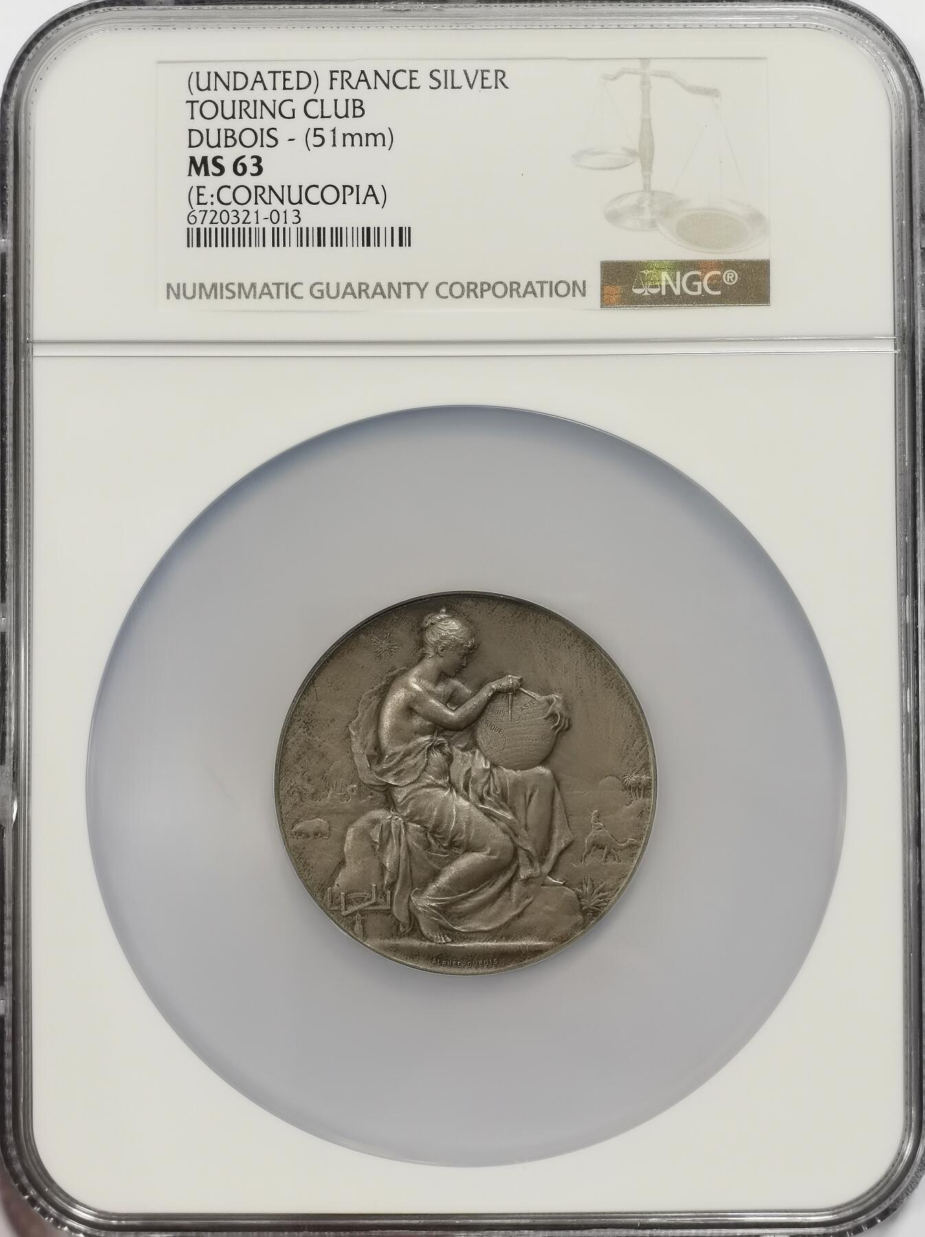 博洋堂世界钱币拍卖第135期（全场包邮）【请留意本场发货时间变化】 NGC MS63 法国1900左右旅行协会纪念51mm巨大银章，这一款小号较多，巨大款极其稀少，女神怀抱地球构图美轮美奂！