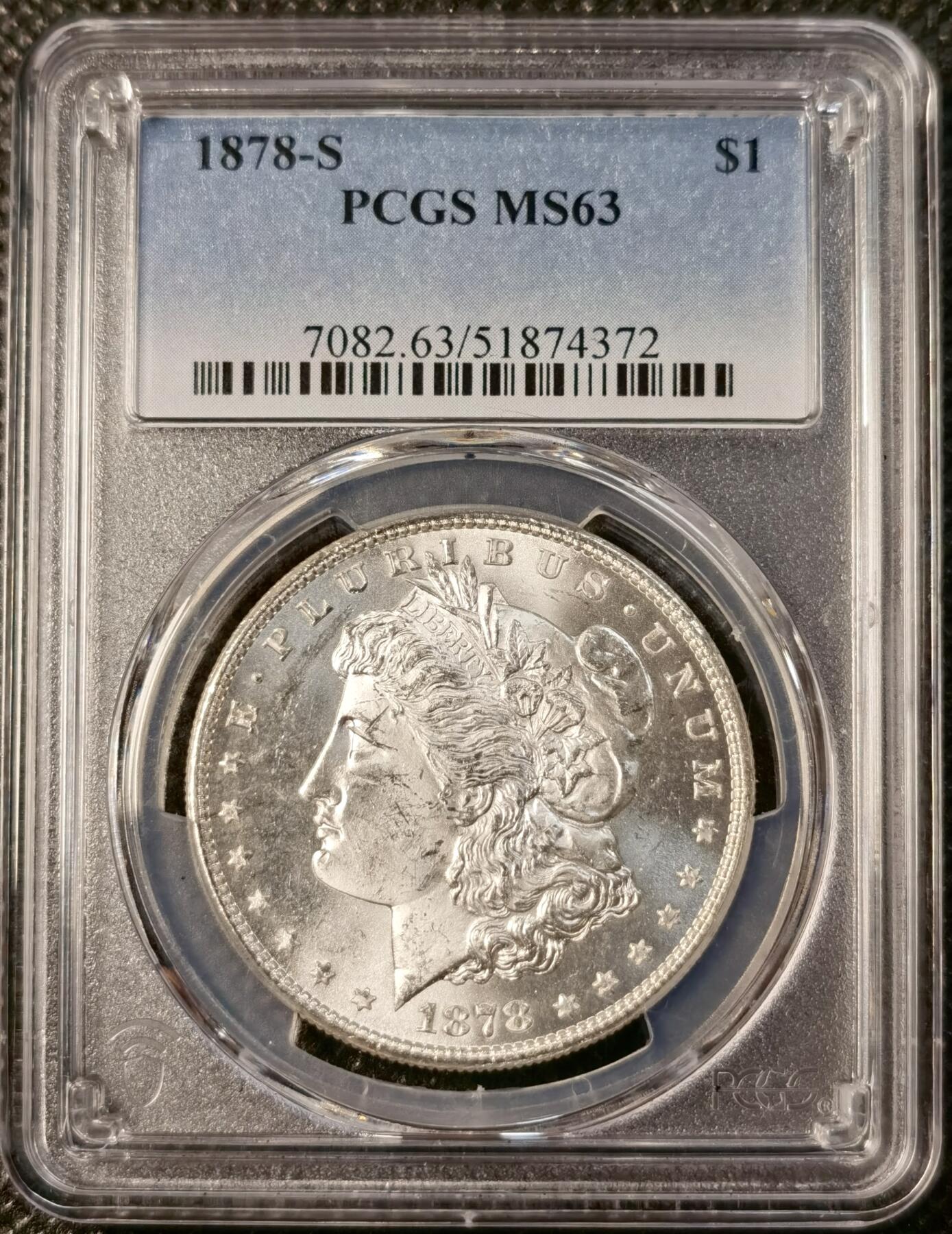 甄臻铺-世界币章拍卖（第29期），送拍享返佣金等优惠多多 PCGS-MS63 1878年S版摩根，PL地板，首发年份