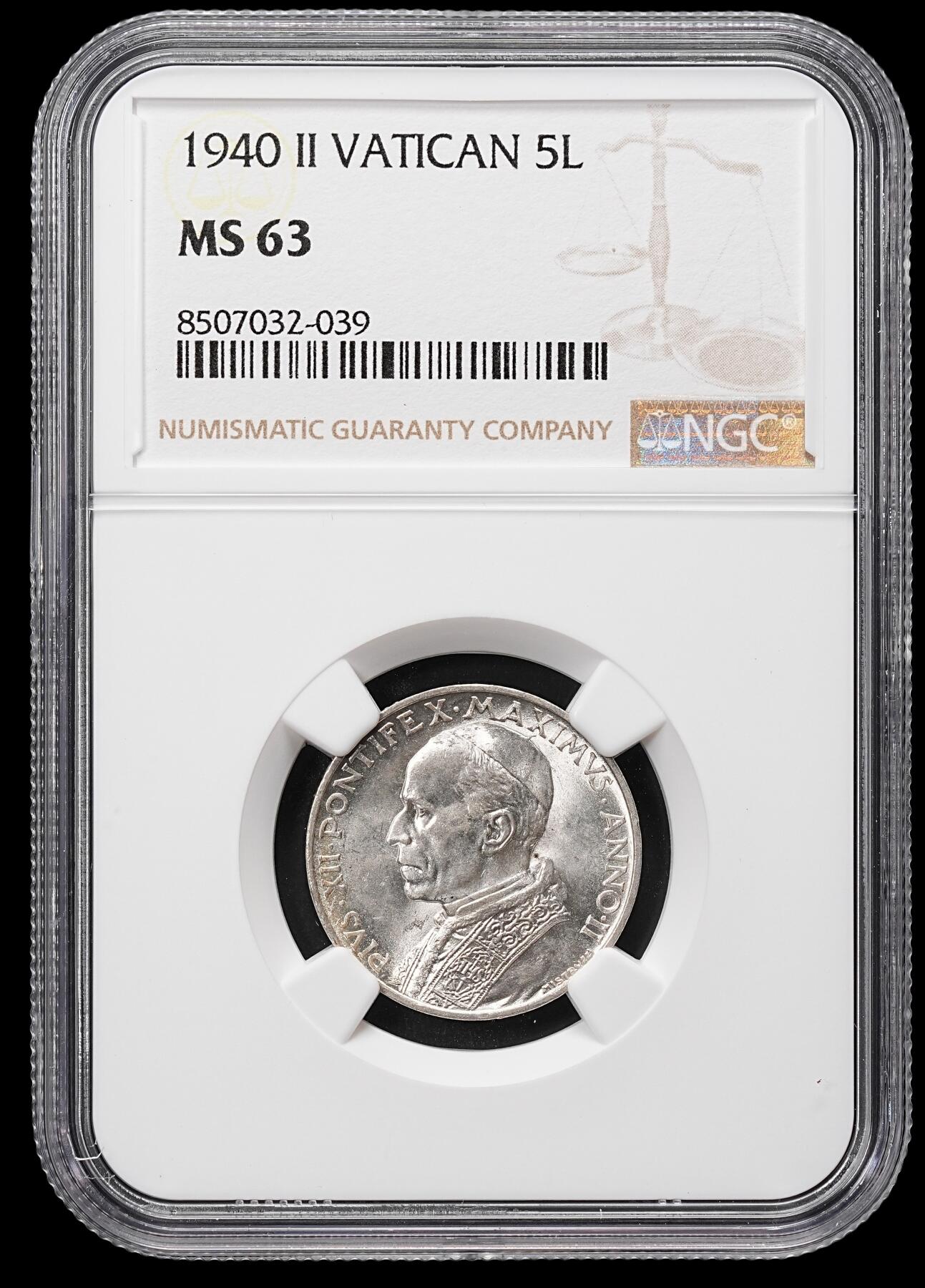 修遠堂世界钱币第八十一期 NGC MS63 1940年梵蒂冈5里拉银币