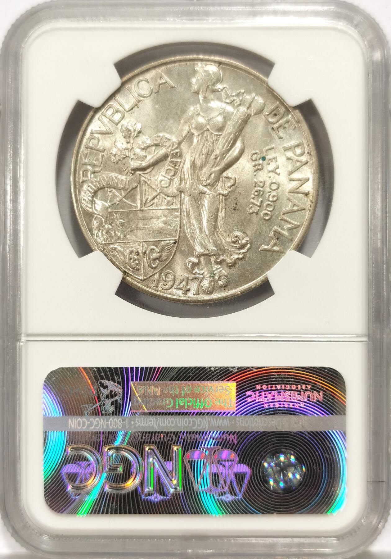 博洋堂世界钱币拍卖第135期（全场包邮）【请留意本场发货时间变化】 巴拿马1947年1巴波亚银币NGC-MS63，女神系大主币，原汁原味老包浆，包浆醇厚，状态极佳。