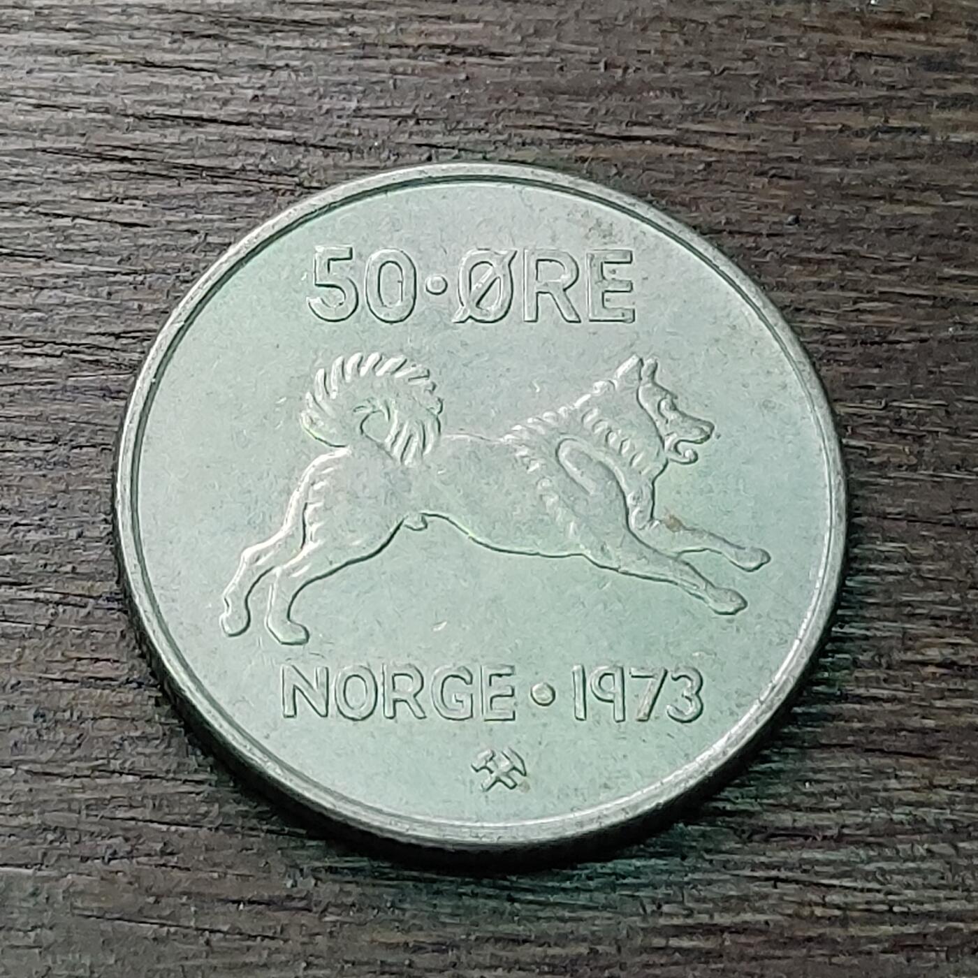 【铜匠收藏】★第128场★散币场，无佣金，30包邮。不满30元，支付5元运费。《接受代拍 代送NGC评级》 1973年 挪威 50欧尔 铜镍币 忠犬 奥拉夫五世