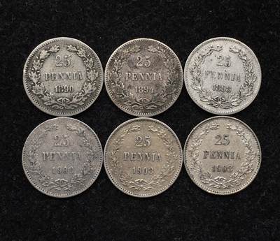 世界钱币专场拍卖 - 稀少早期1890-1908年俄占芬兰双头鹰25分流通银币 6枚一组