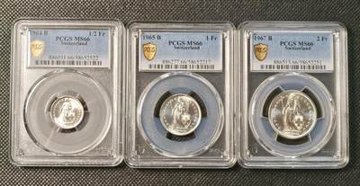 甄臻铺-世界币章拍卖（第29期），送拍享返佣金等优惠多多 - PCGS-MS66 瑞士1/2、1、2法郎三枚一套