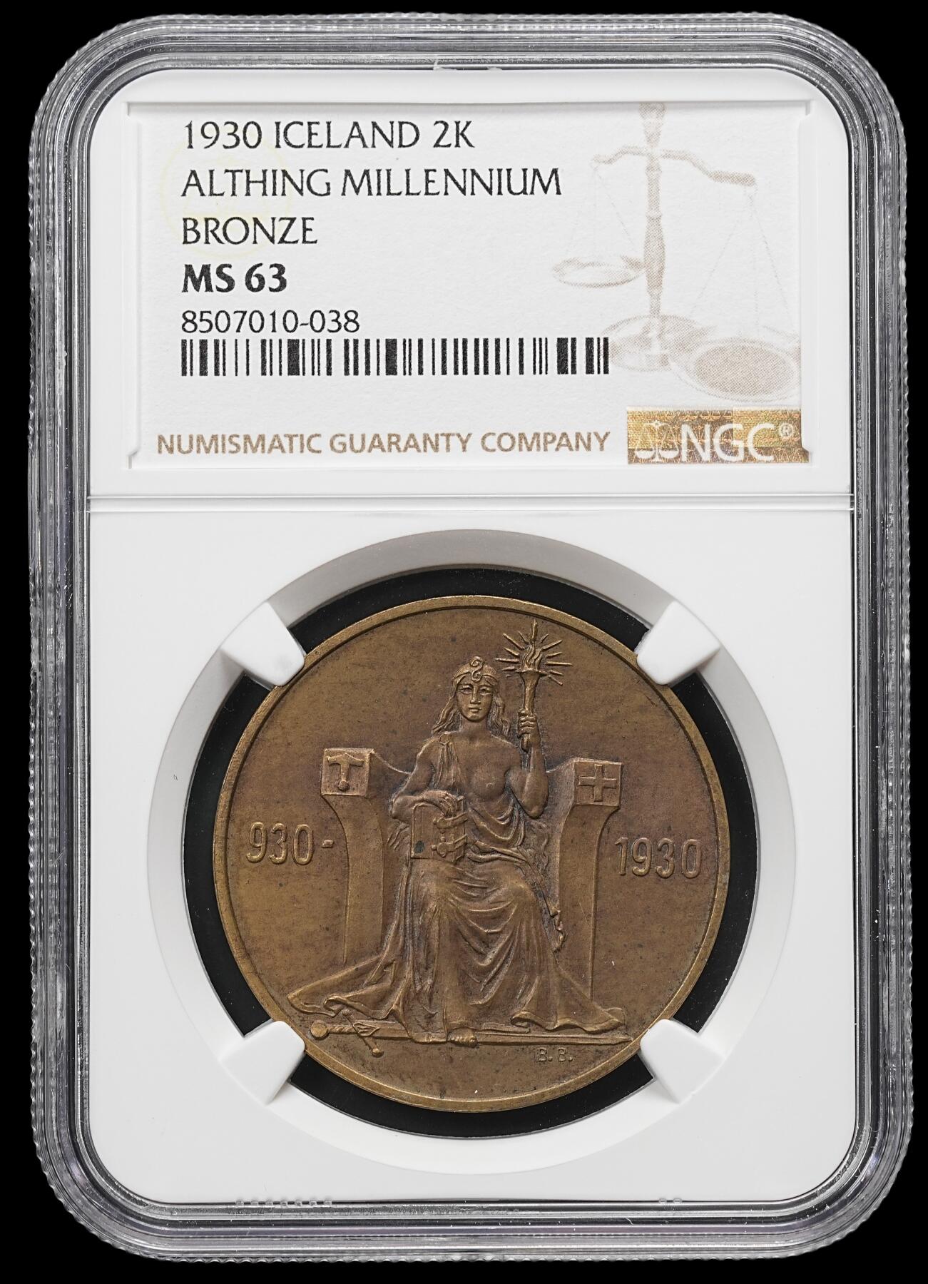 修遠堂世界钱币第八十一期 NGC MS63 1930年冰岛议会千年纪念2克朗铜币