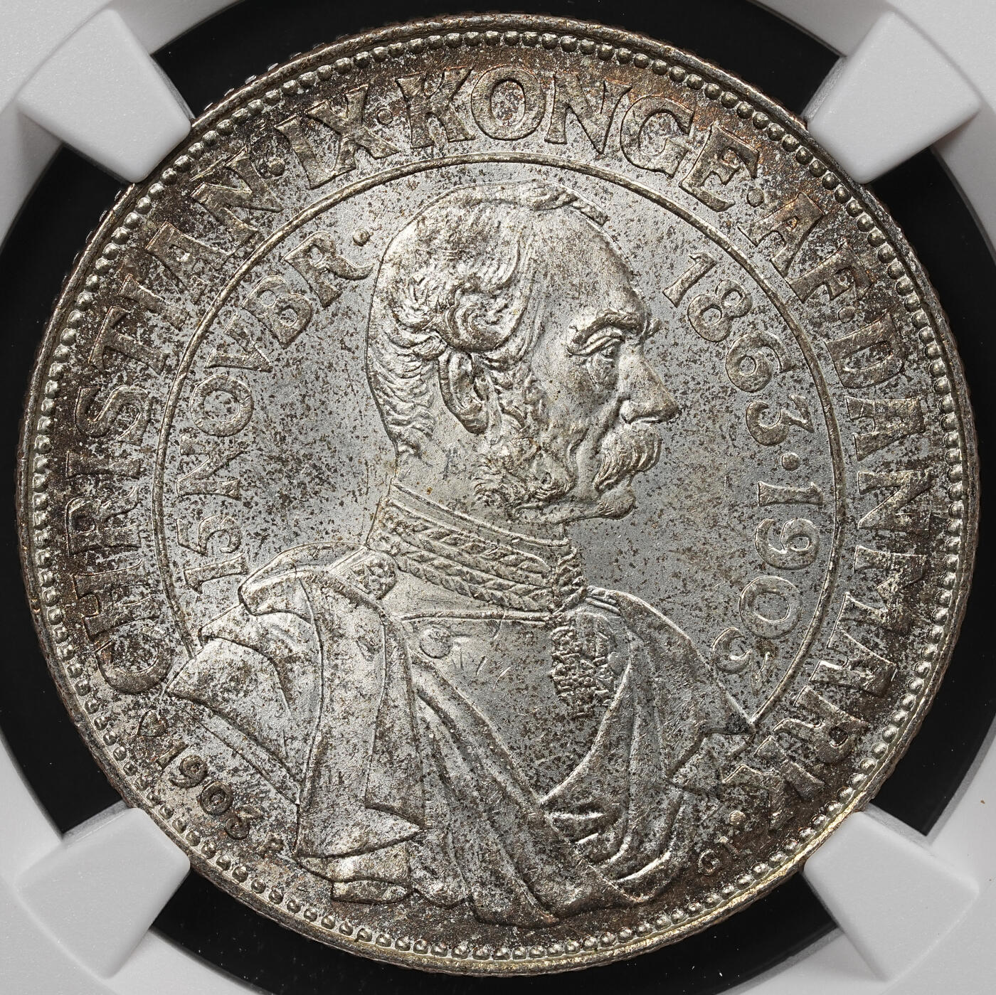 修遠堂世界钱币第八十一期 NGC MS65 1903年丹麦国王登基40周年纪念2克朗银币