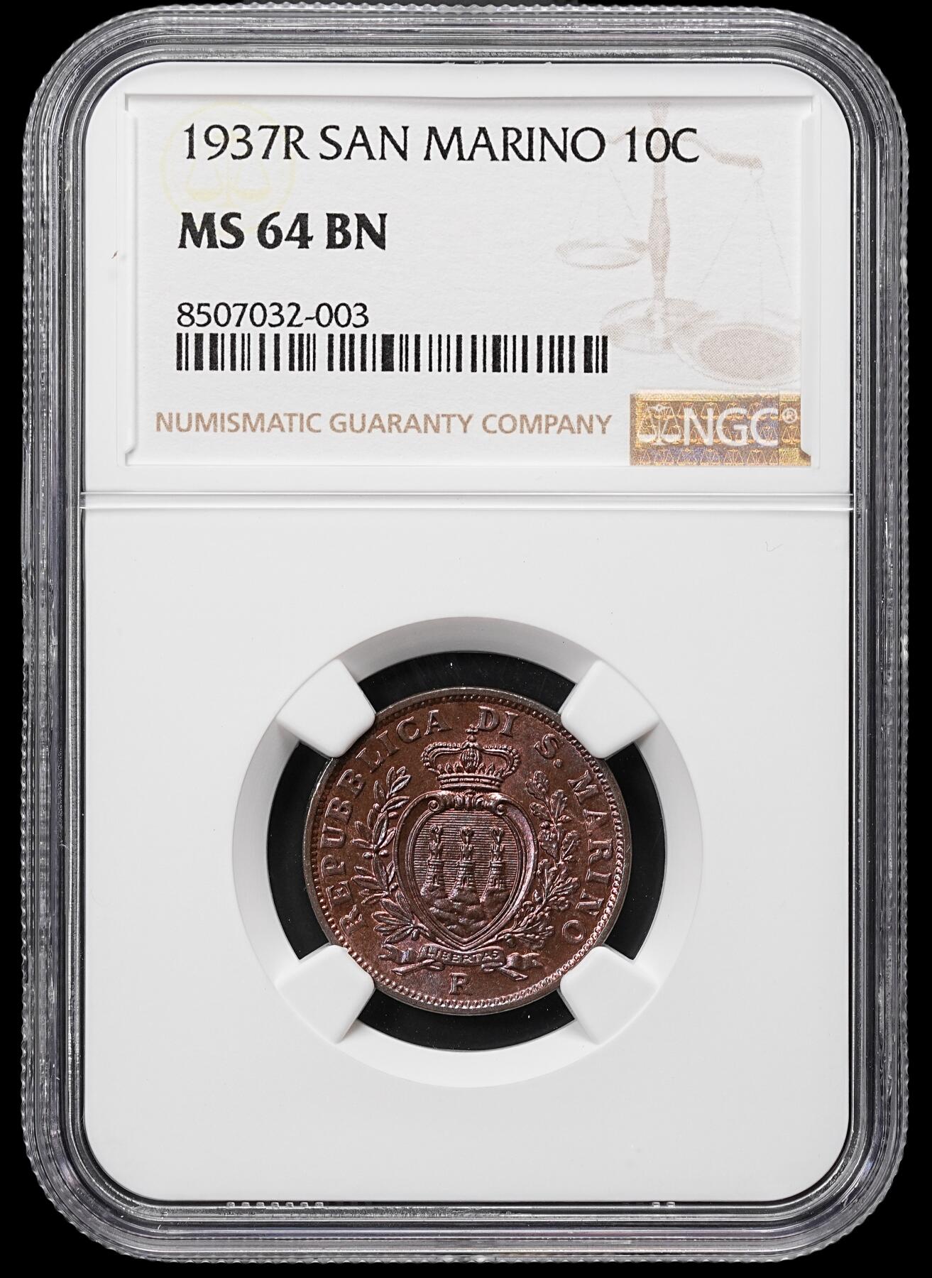修遠堂世界钱币第八十一期 NGC MS64BN 1937年圣马力诺10分铜币