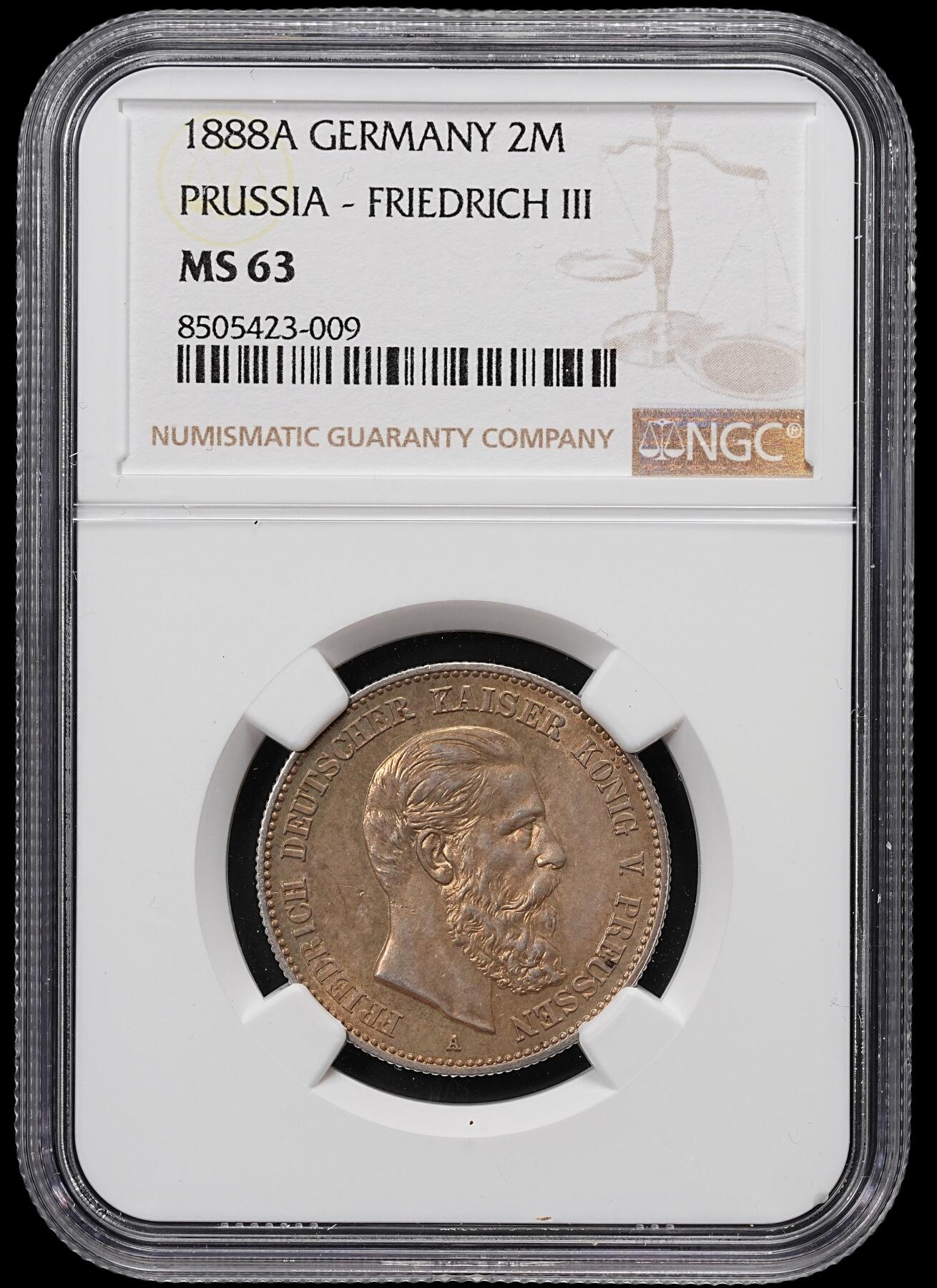修遠堂世界钱币第八十一期 NGC MS63 1888年普鲁士弗里德里希三世2马克银币 黄油光