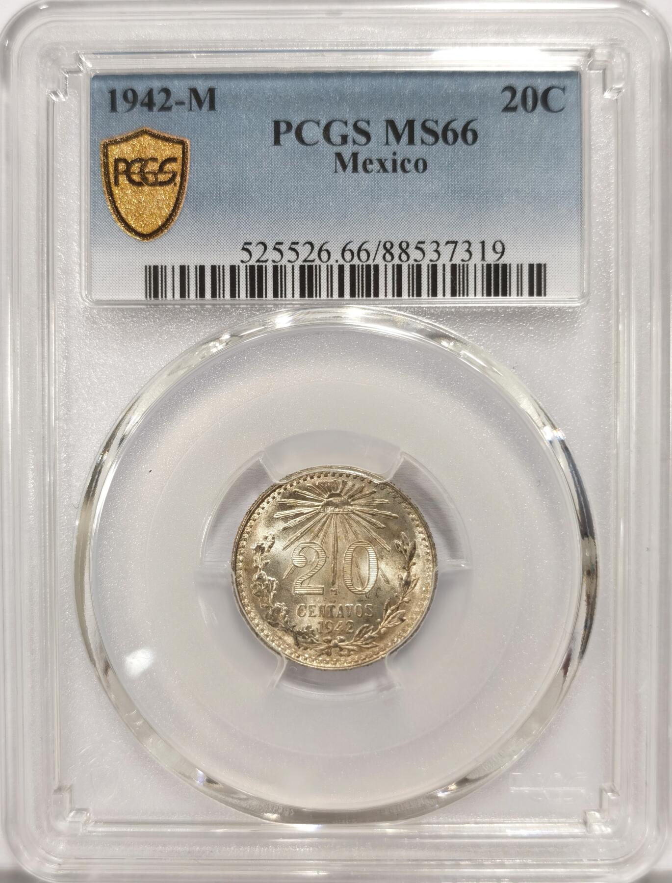 博洋堂世界钱币拍卖第135期（全场包邮）【请留意本场发货时间变化】 PCGS MS66 墨西哥1942年鹰洋20分银币，极品高分