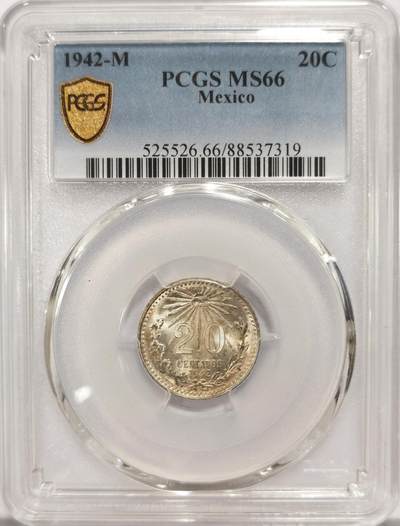 博洋堂世界钱币拍卖第135期（全场包邮） - PCGS MS66 墨西哥1942年鹰洋20分银币，极品高分