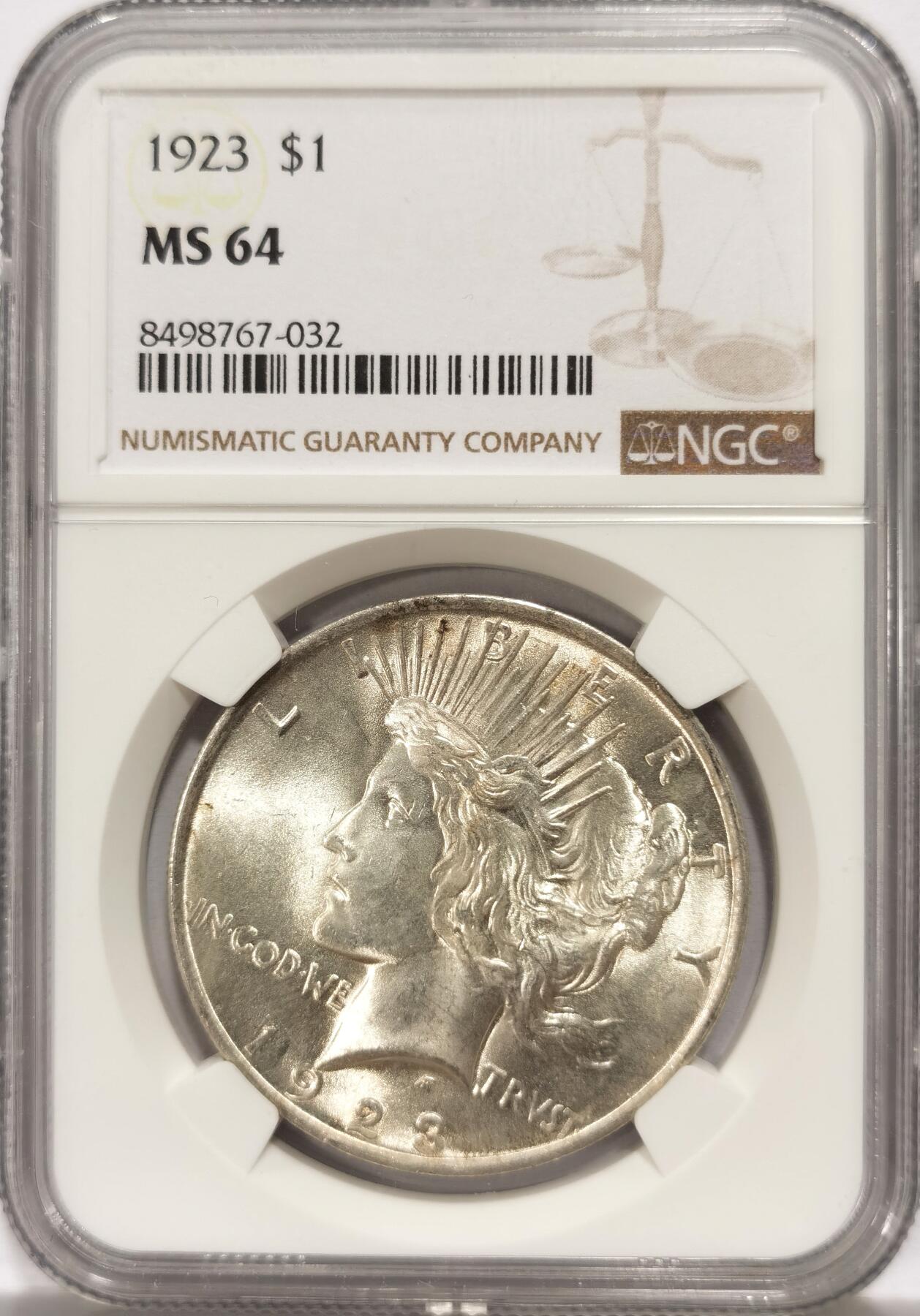 博洋堂世界钱币拍卖第135期（全场包邮）【请留意本场发货时间变化】 NGC MS64 美国1923年1美元和平银元