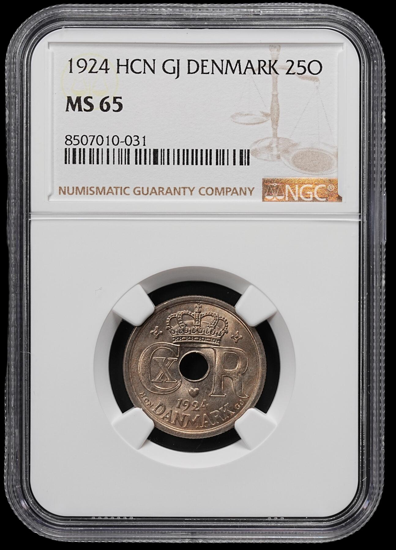 修遠堂世界钱币第八十一期 NGC MS65 1924年丹麦中孔25欧尔